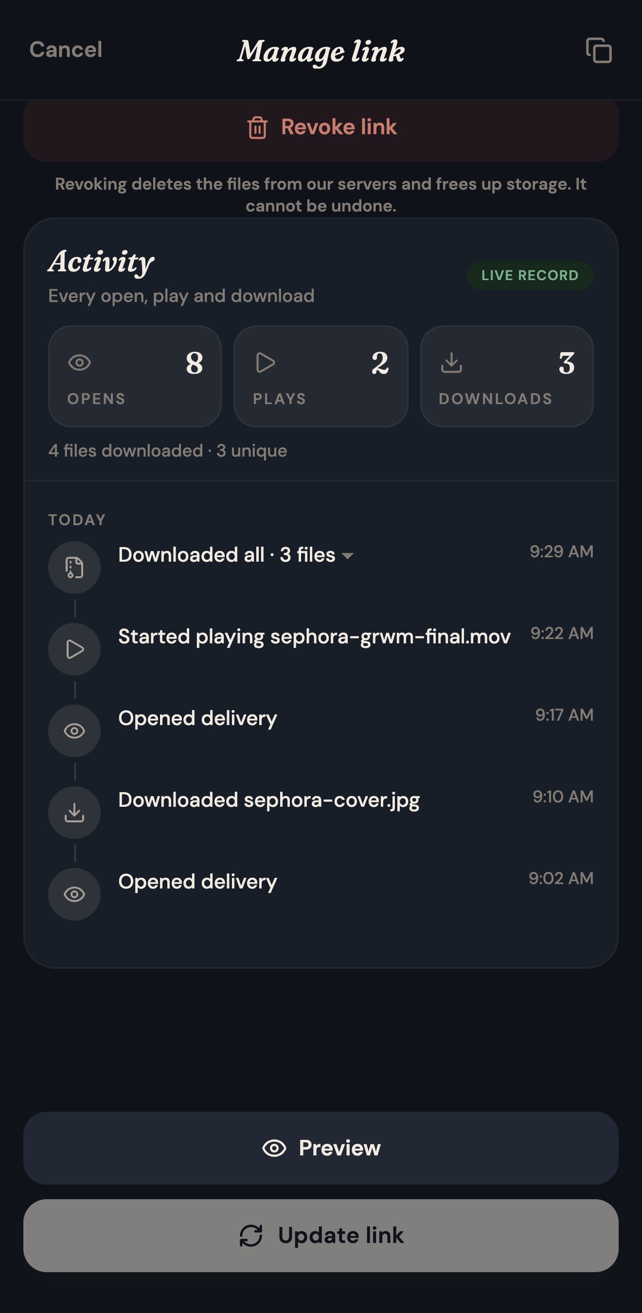 Delivery activity: opens, plays and downloads