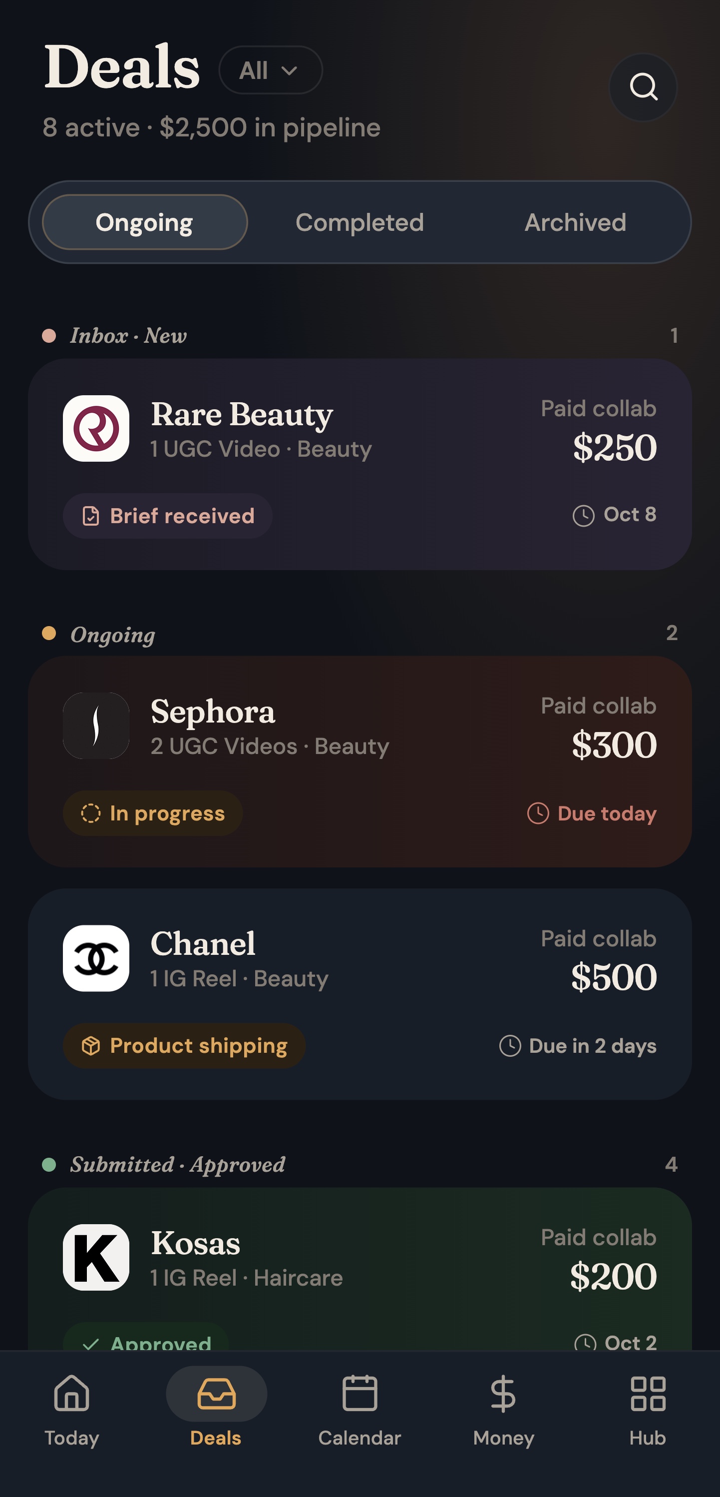The Deals list in UGC Planner on Android, grouped by stage