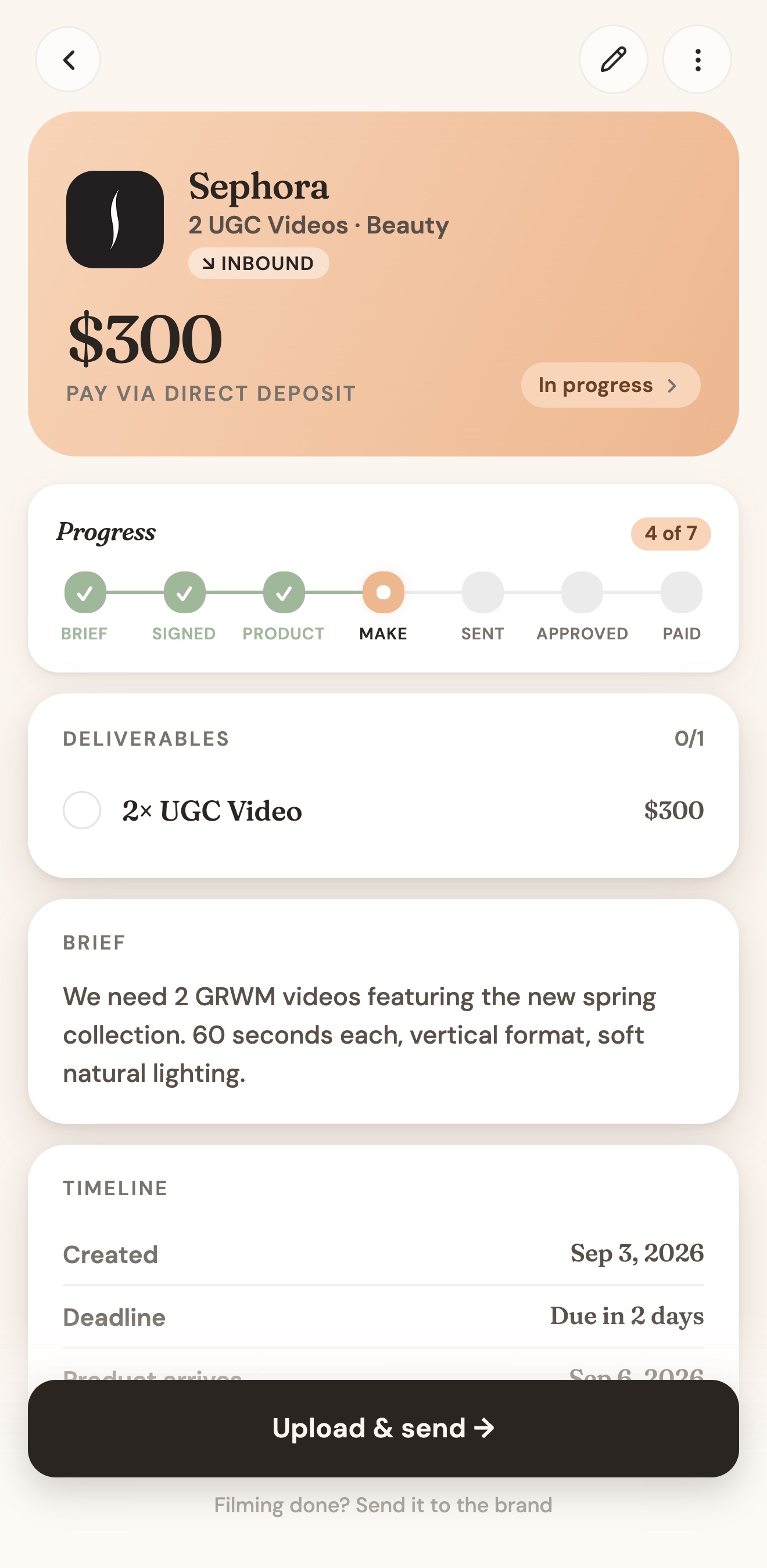 A Sephora deal in UGC Planner with its progress through the stages