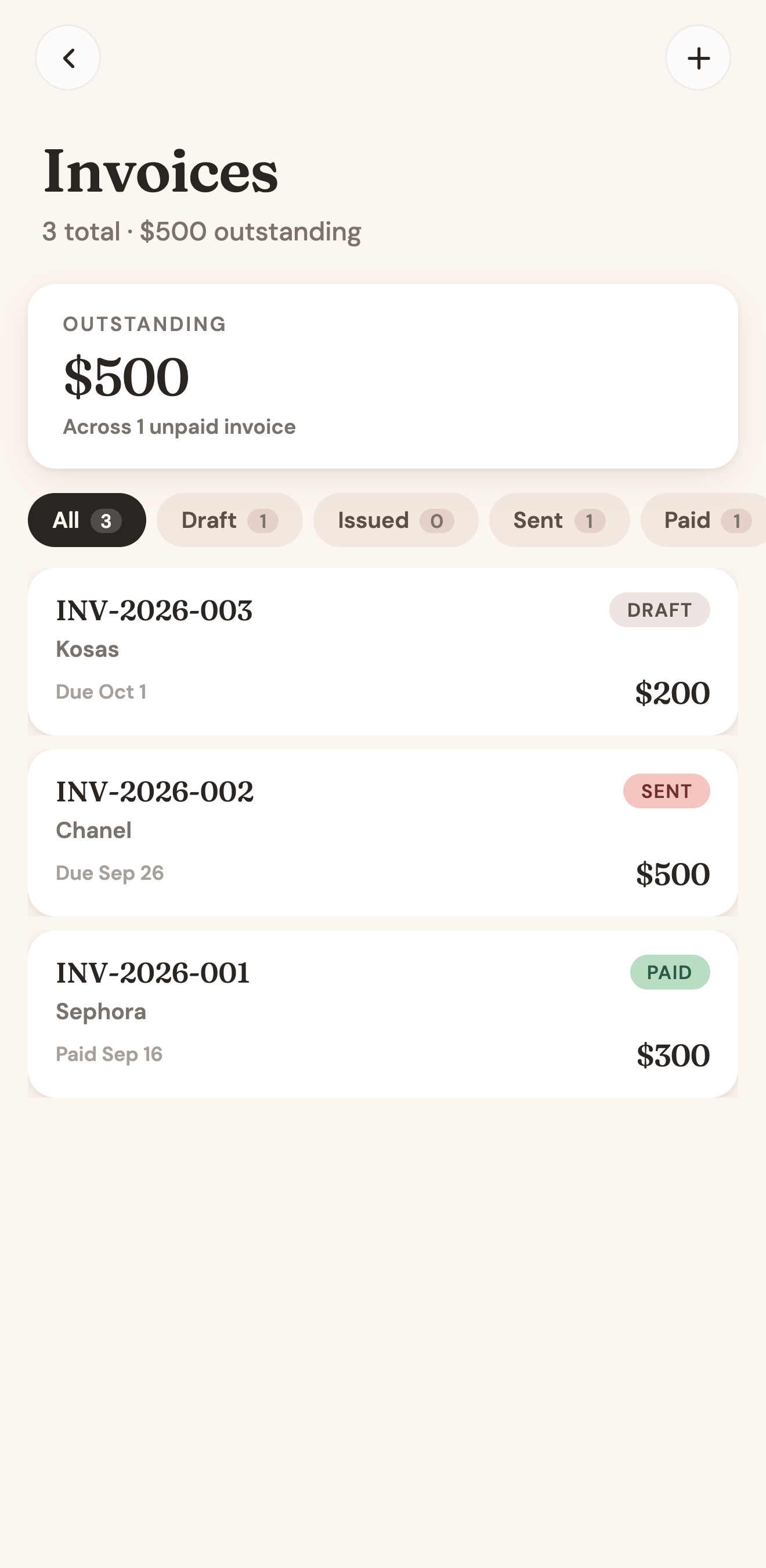 The invoices list in UGC Planner