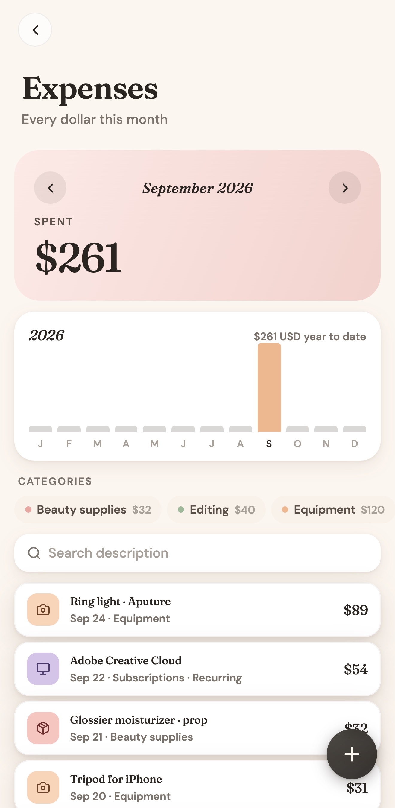 Expenses in UGC Planner with categories and receipts