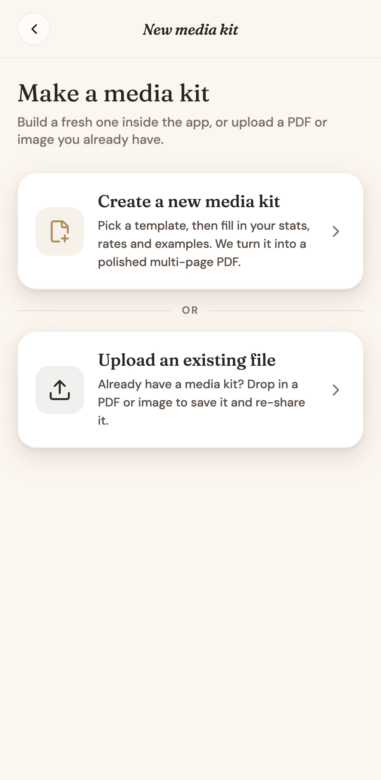 Make a media kit: create a new one or upload an existing file