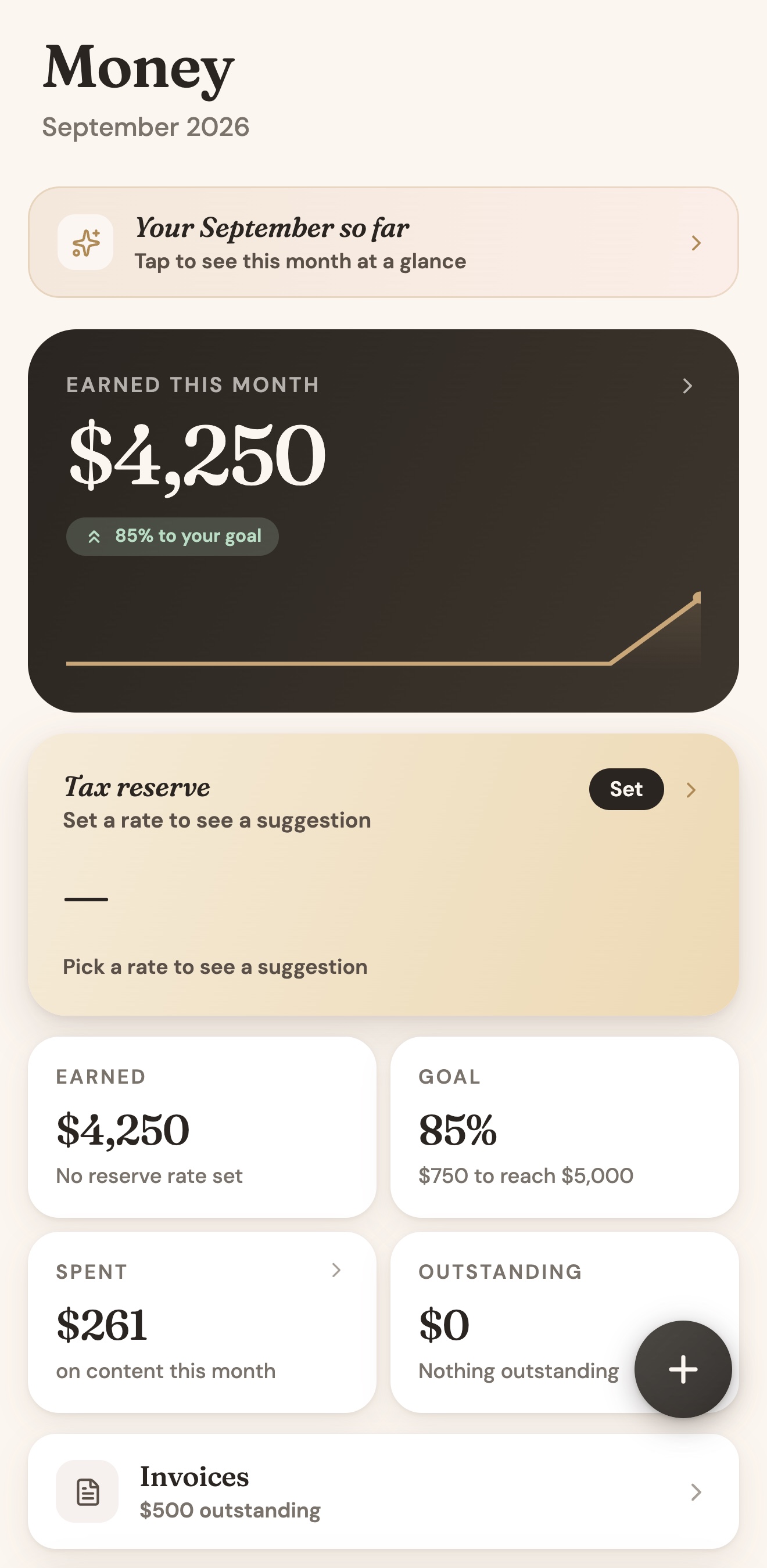 The Money screen in UGC Planner
