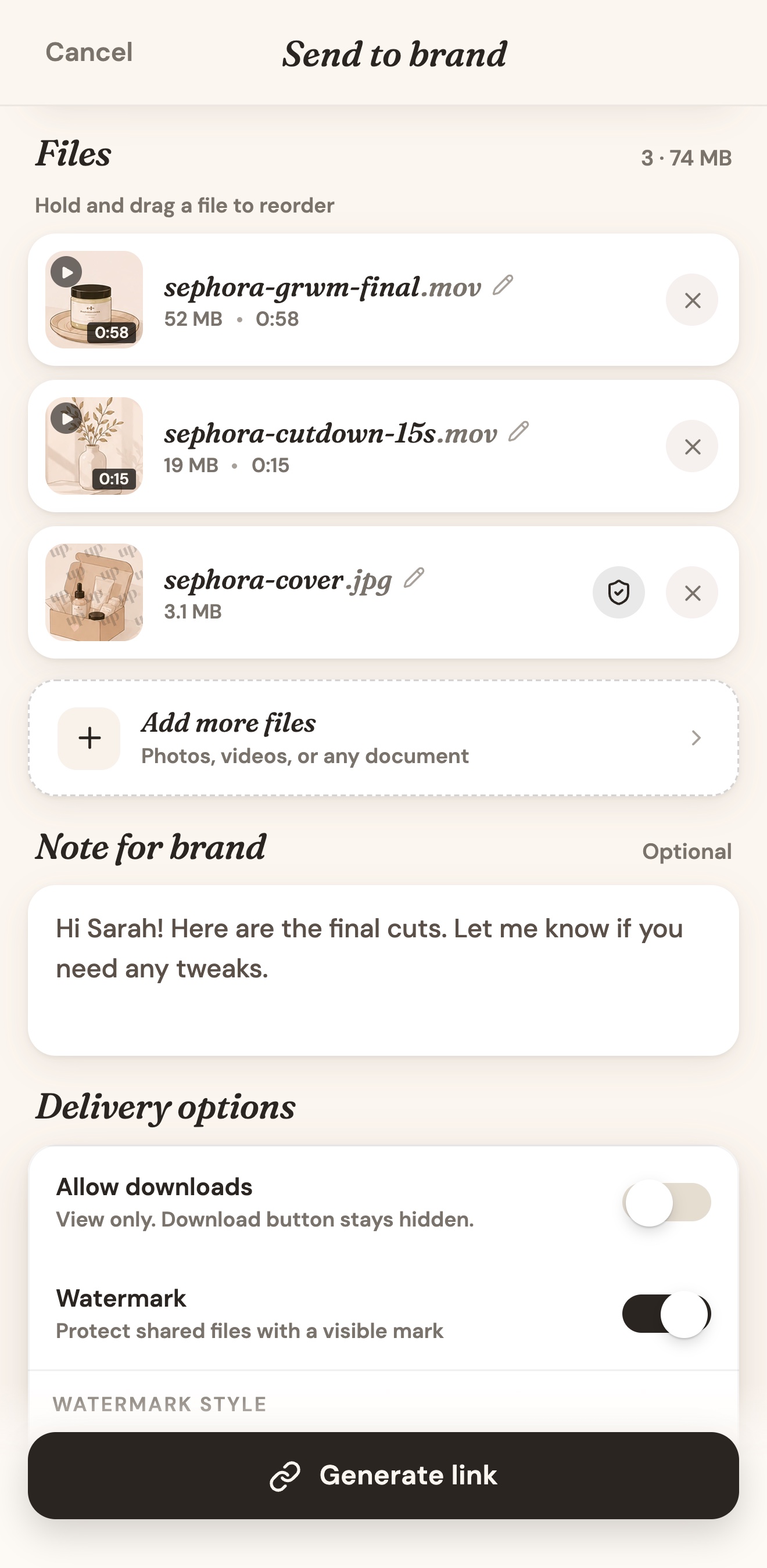 Sending files to a brand in UGC Planner