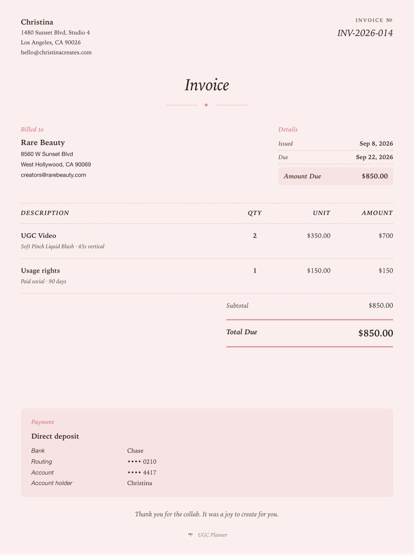 Boutique invoice template from UGC Planner
