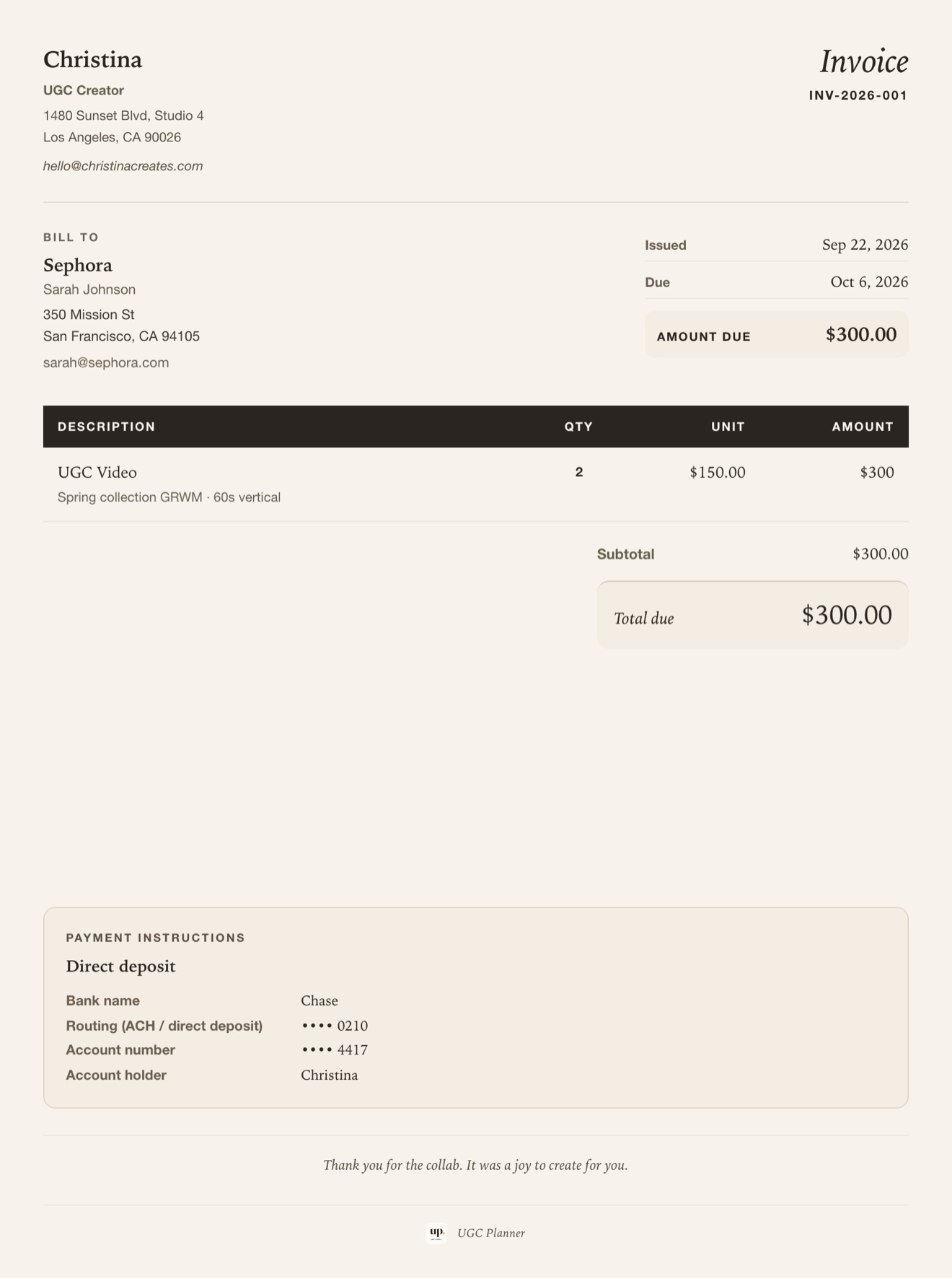 The Sephora invoice UGC Planner builds from the deal
