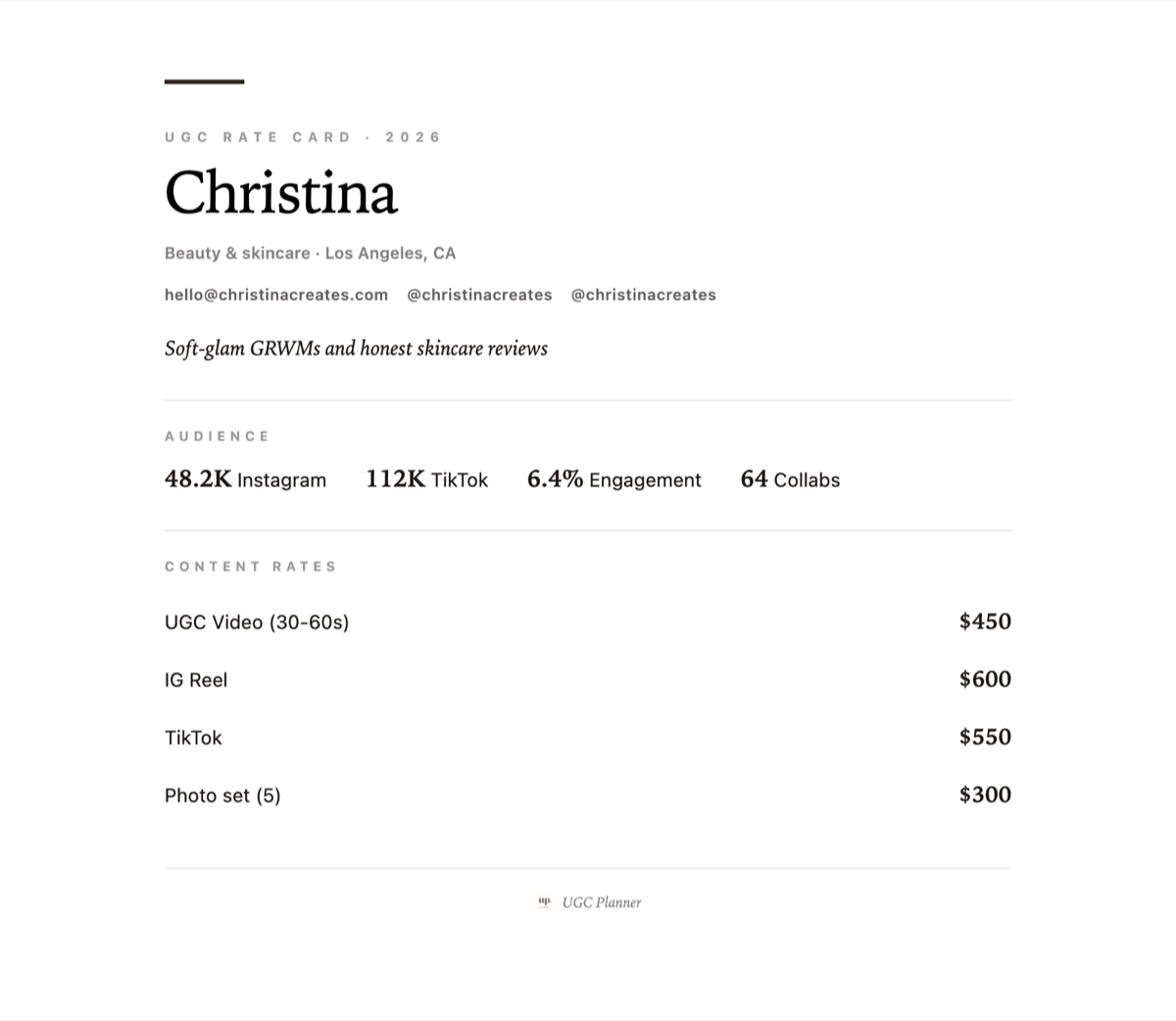 Minimal rate card template from UGC Planner