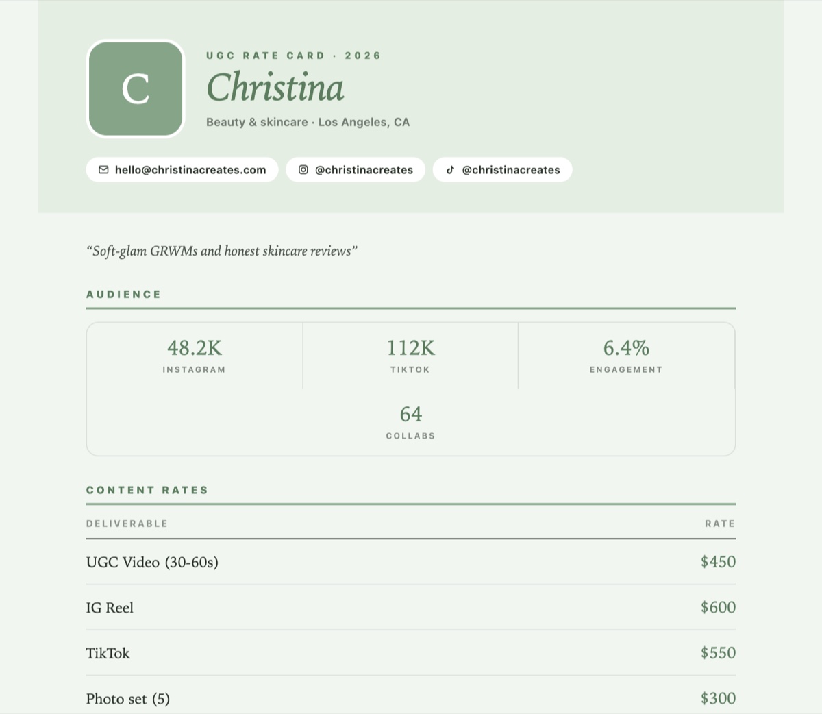 Studio rate card