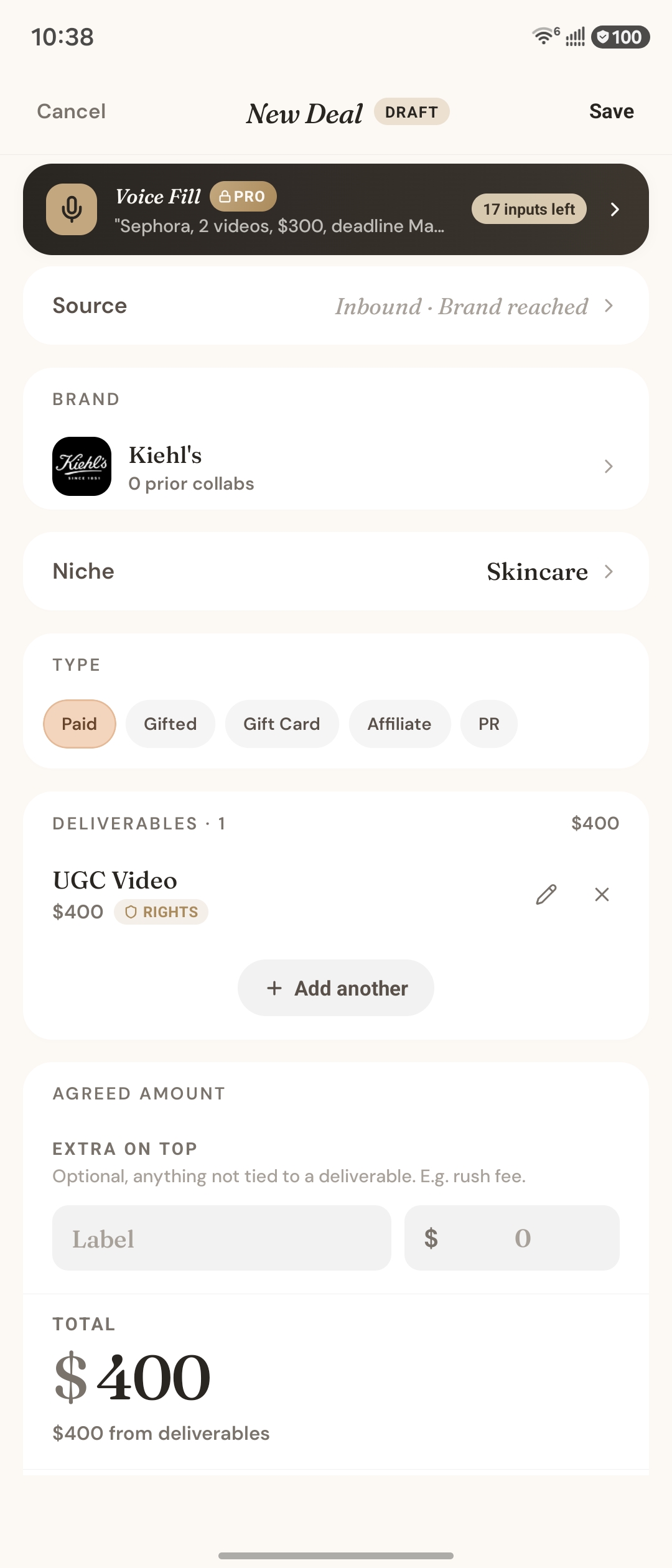 New Deal — Kiehl's, UGC Video with usage rights, $400 total