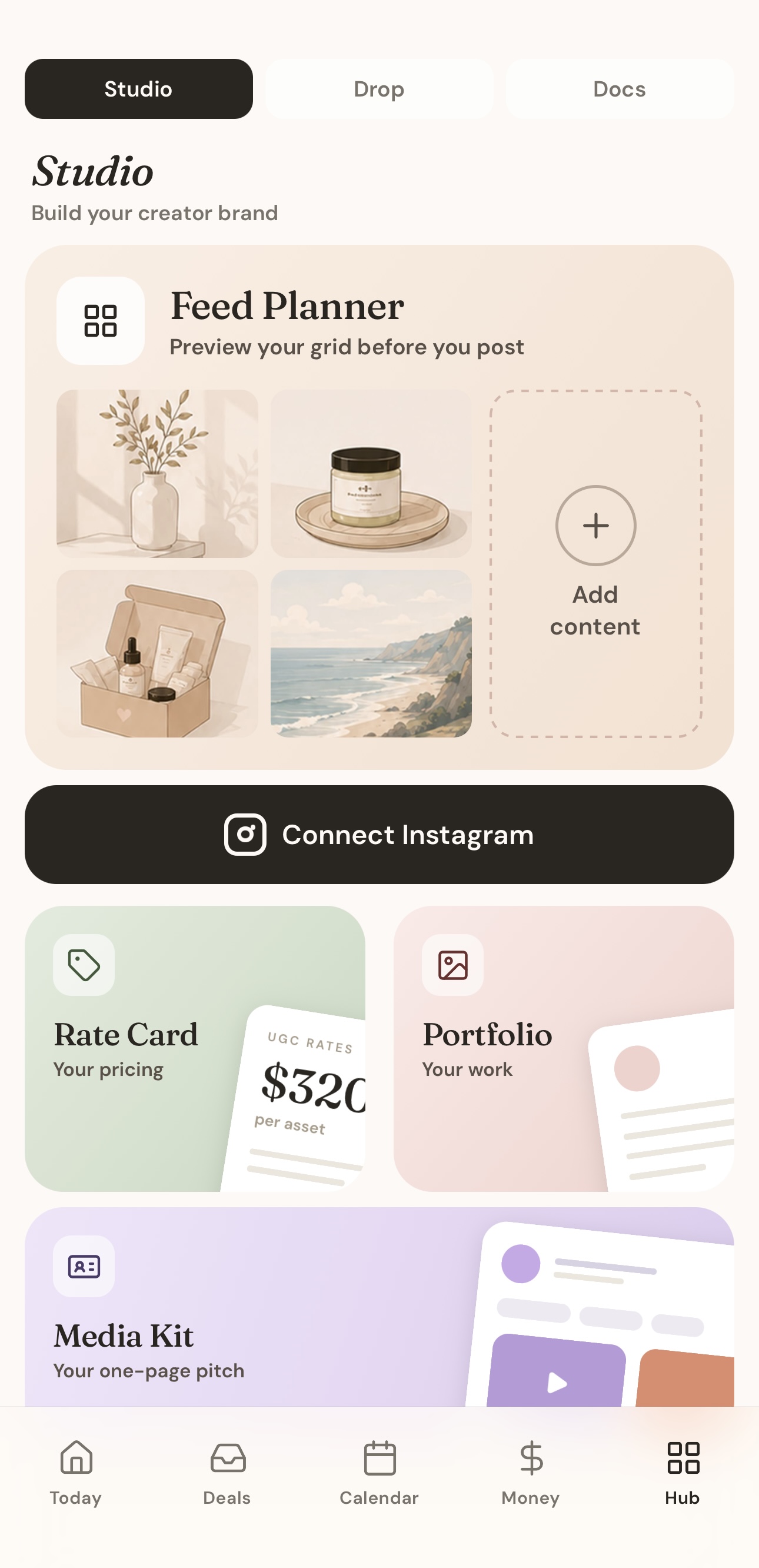 UGC Planner Media Hub with Feed Planner preview and Connect Instagram button